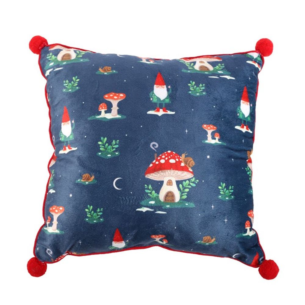 35cm Square Gnome Print Cushion with Pom Poms