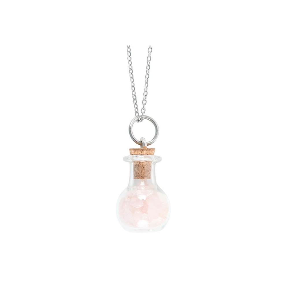 Love Rose Quartz Crystal Chip Potion Bottle Necklace