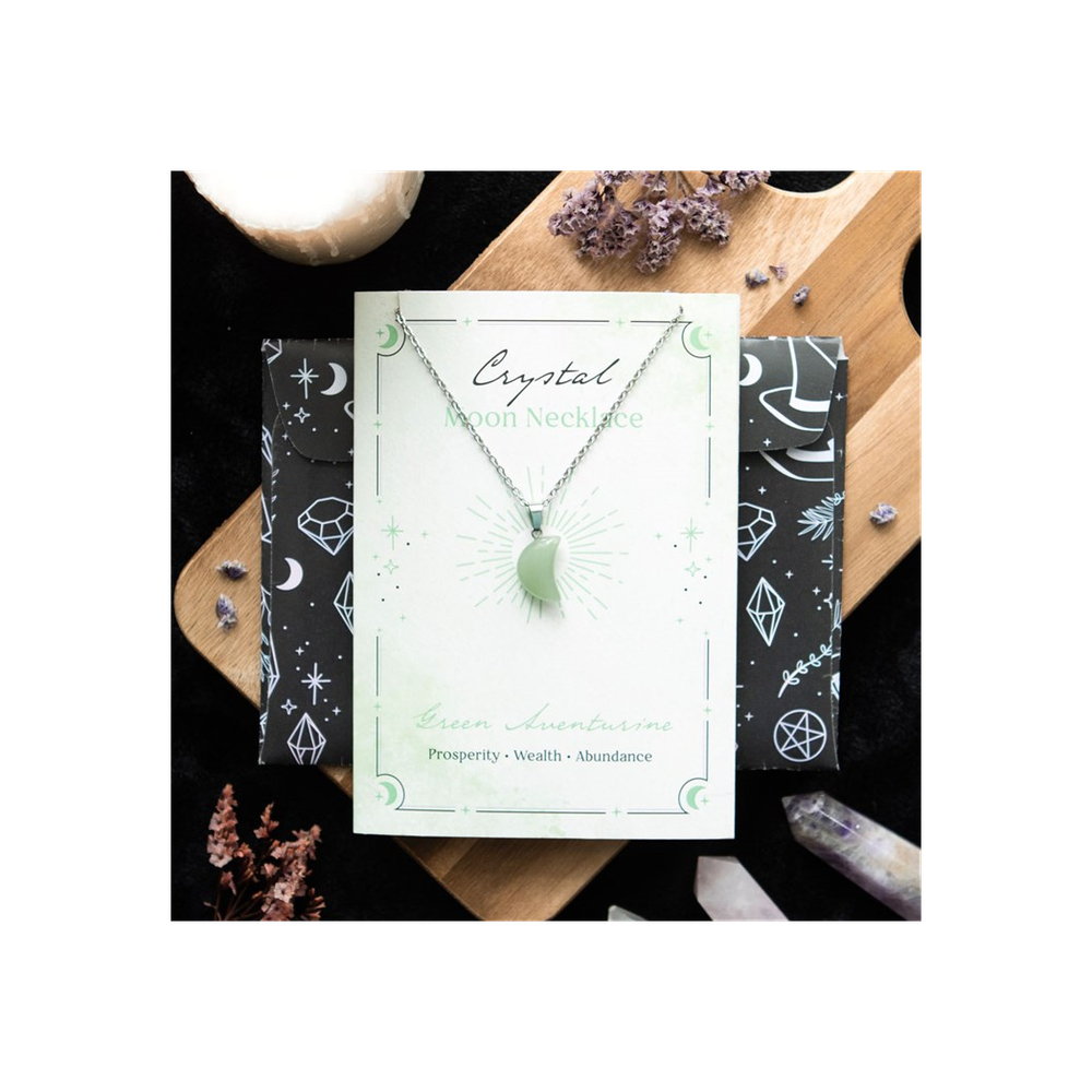 Green Aventurine Crystal Moon Necklace on Greeting Card